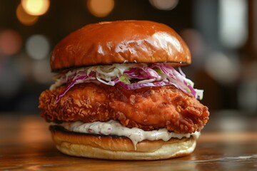 Wall Mural - A chicken sandwich with toasted brioche buns, multiple types of cabbage, fried chicken and sauce