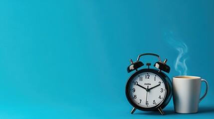 A black alarm clock and a white mug of steaming coffee on a blue background.