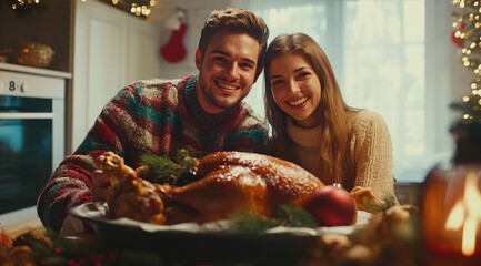 A smiling couple enjoying a festive Christmas dinner at home, featuring a beautifully roasted turkey in the foreground.