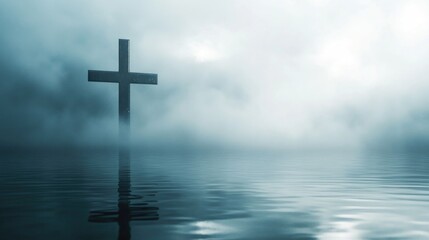 Minimalist cross background with a foggy mist and reflection on the water surface.