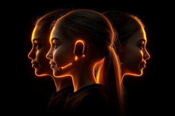 Neon lit silhouettes of two women in profile facing each other representing digital connection tech driven communication and futuristic interaction