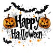 © AlazySM - The word Happy Halloween in black, calligraphic style font on a white background, Halloween decorations around the text, vector illustration, clip art for t-shirt print