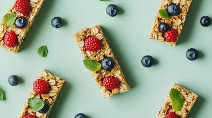 Homemade granola bars with fresh berries on pale green surface ideal for design