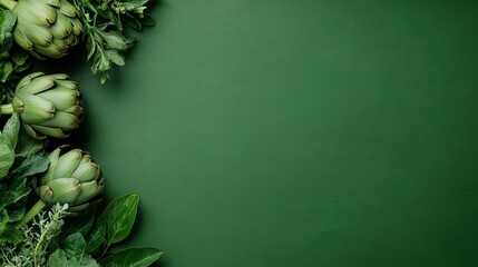 A sophisticated arrangement, featuring artichokes and assorted greens, is placed on a chic green textured surface, reflecting an aesthetic and nourishing appeal.