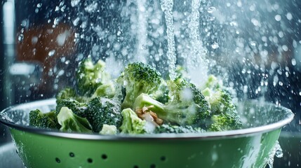 Fresh broccoli florets sit in a green colander as a refreshing spray of water cascades over them, highlighting cleanliness, refreshment, and culinary preparation.