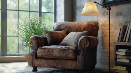 Leather armchair with pillow and floor lamp in cozy setup 3D render