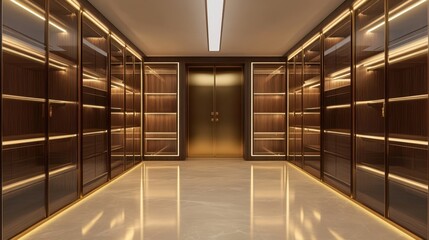 Wall Mural - Walk-in closet with wooden and gold accents 3D render