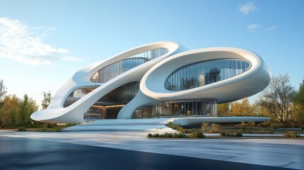 Poster - Futuristic architectural design with clear blue sky 3D render