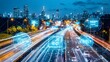 © LULU.Stock journey - Stunning image of a futuristic high tech urban landscape featuring towering skyscrapers sleek cars navigating through holographic traffic controls