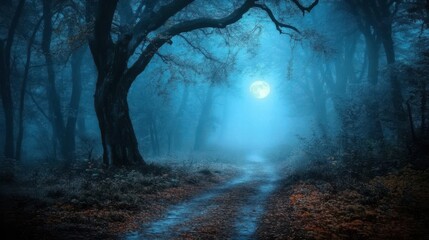 Wall Mural - Enigmatic forest with moonlit path fog and a hint of Halloween scenery