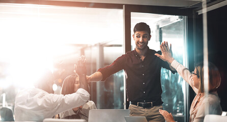 Poster - High five, celebration and business team in partnership in the office for project success. Meeting, diversity and corporate employee friends with achievement to celebrate together in modern workplace