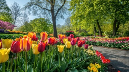 Poster - Park scene with vibrant tulips in full bloom perfect for springtime or outdoor visuals