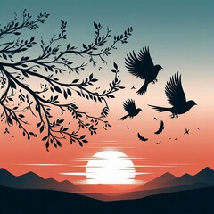 Silhouette of tree branch and birds at sunset