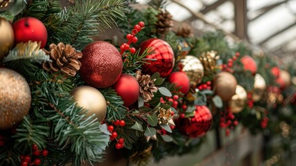 Wall Mural - Delightful holiday garland adorned with red and gold ornaments, pinecones, and vibrant greenery at a winter market. Generative AI