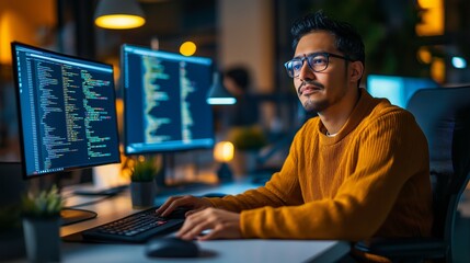 indian programmer focused on writing code in a modern office setting at night