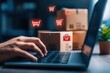 © Sweettymojidesign - A person shopping online with a laptop, surrounded by delivery boxes and shopping cart icons, representing e-commerce.