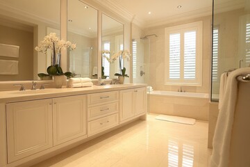 Wall Mural - Bathroom Cabinets. Elegant Brown Bathroom Room with Beautiful Glass Shower and Interior Design