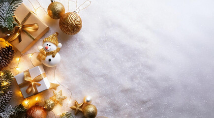 Festive Christmas Decor Border: A winter wonderland scene with a snowy background featuring a festive snowman, gold ornaments, pine sprigs, string lights, and gift boxes.