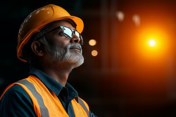 Indian Engineer Analyzing Construction Progress at Night with Determination