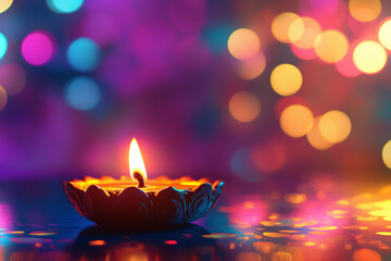 A stylish, abstract image featuring colorful bokeh lights in the background and an out-of-focus diya in the foreground