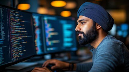 Focused Sikh Coder Working on Software Development in a Modern Office Environment