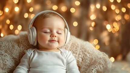 A baby girl wearing headphones, eyes closed. The image is great for themes of peace, quiet, or relaxation.