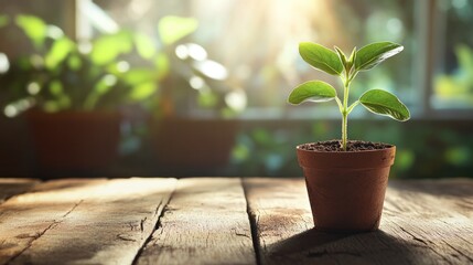 vibrant green plant sprouting from a small seedling pot on a rustic wooden table, with sunlight filtering through a nearby window.