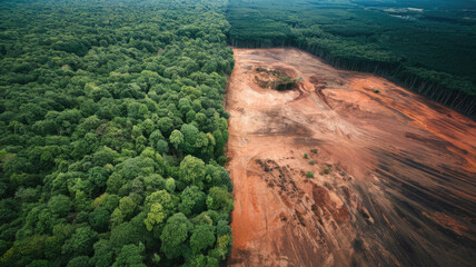 A lush green forest is next to a barren, brown field. The contrast between the two environments is striking, with the forest representing life and the field representing destruction