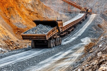 Dump truck hauling rocks at mine. Perfect for illustrating the mining industry, ore transportation, or heavy machinery.