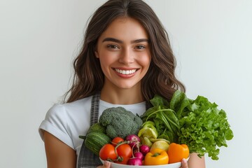 Smiling Woman Holding Bowl of Vegetables, Advocating for Balanced and Healthy Nutrition