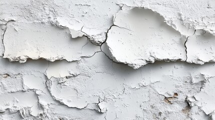 Poster - A close-up view shows a white plaster wall with prominent cracks and peeling sections, highlighting damage that suggests aging and neglect in the structure's surface.