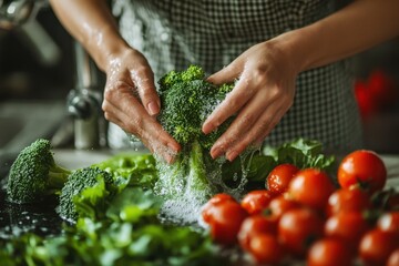 Washing Vegetable. Woman's Hands Preparing Fresh Salad with Broccoli and Tomatoes in Bright Kitchen