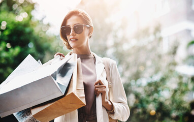 fashion, shopping bag or rich woman in city or street for boutique retail sale, or clothes discount 