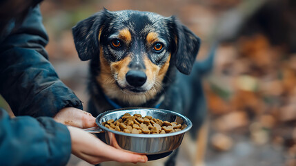 A person is feeding a dog food in a bowl