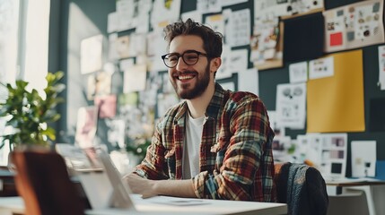 Wall Mural - Smiling man in a plaid shirt working at a desk in an office