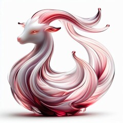 Glass Goat figurine with flowing design, soft pink and red or blue hues, intricate fur details, glowing eyes, glossy surface reflecting light, on a white background