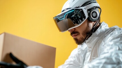 A man in high-tech gear interacts with an unseen object, immersed in augmented reality. The vivid setting emphasizes technological advancement and innovation.