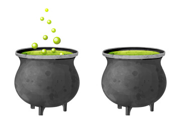 Vector watercolor illustration of black cauldrons with boiling green potion with bubbles.