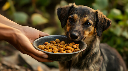 A person is feeding a dog food from a bowl