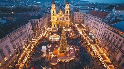 Christmas market in Budapest dazzles with festive lights and holiday cheer at Saint Stephen Basilica.