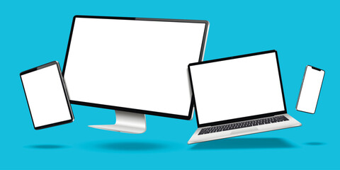 Canvas Print - modern desktop computer, laptop, and tablet mockup with white blank screens. digital devices levitat