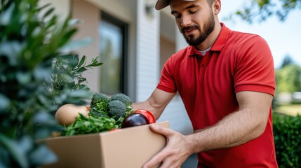 A man in a red shirt and cap delivers a box full of fresh vegetables, showcasing outdoor delivery activities involving healthy produce amid green surroundings.