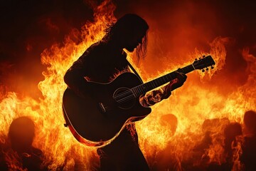 Guitar Player On Stage. Rock Concert with Fire Flames and Music Silhouette