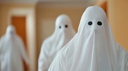 A group of three ghostly figures covered in white sheets with black eye holes stands in a bright room, combining humor with mystery and a theatrical ghost theme.