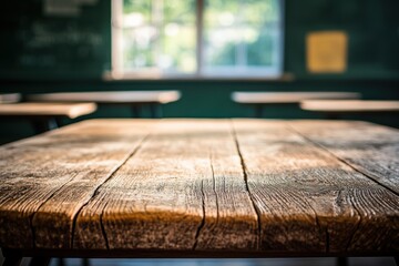 Wall Mural - Classroom Setting. Rustic Wooden Table Ideal for Showcasing Educational Products