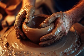 Close-up of potter artist's hands shaping ceramic pot on wheel