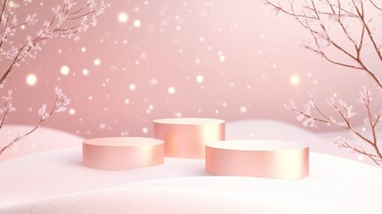 Fototapete - Three rose gold platforms are positioned elegantly on soft white snow, with delicate branches framing the scene. Subtle sparkles in the background create a dreamy atmosphere during sunset.