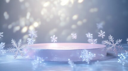 Fototapete - A white platform with a subtle pink hue sits in a winter-themed scene with numerous white snowflakes scattered around it. The background is blurred, with a light blue hue and bokeh lights.