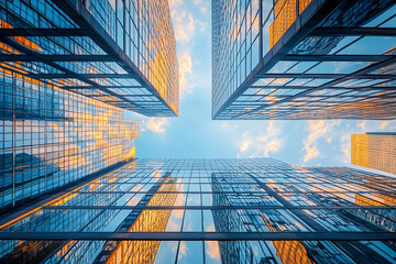 Wall Mural - Skyward view of modern skyscrapers reflecting sunset hues in the city