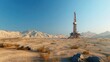 © Prapan - Aerial view of an oil rig positioned prominently in the center of a sun-baked desert.